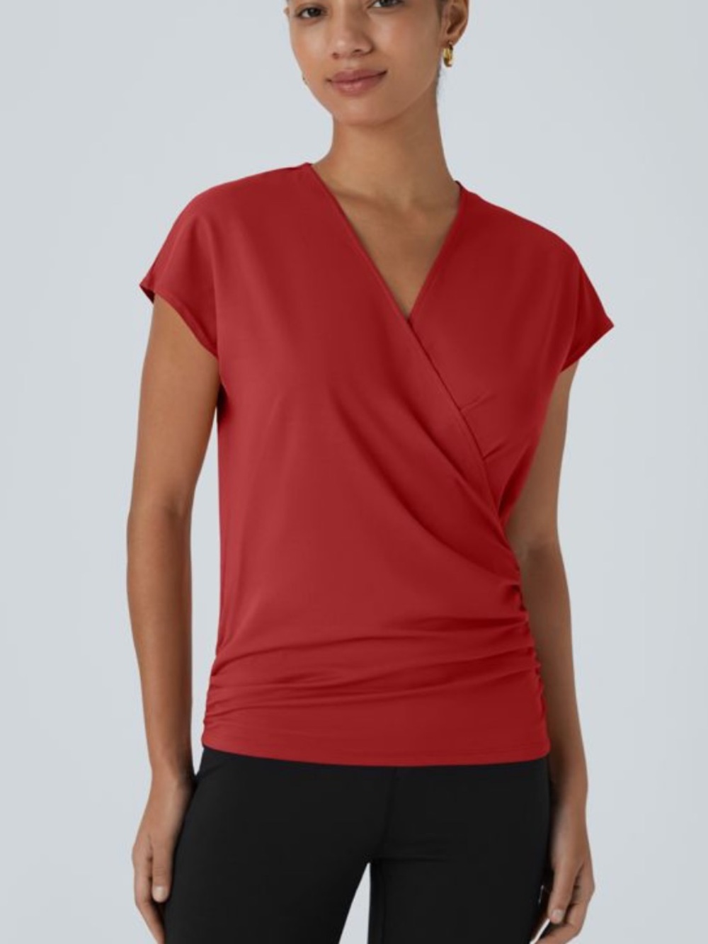 NWOT Halara Red V-Neck Cap Sleeve Crossover Ruched Blouse